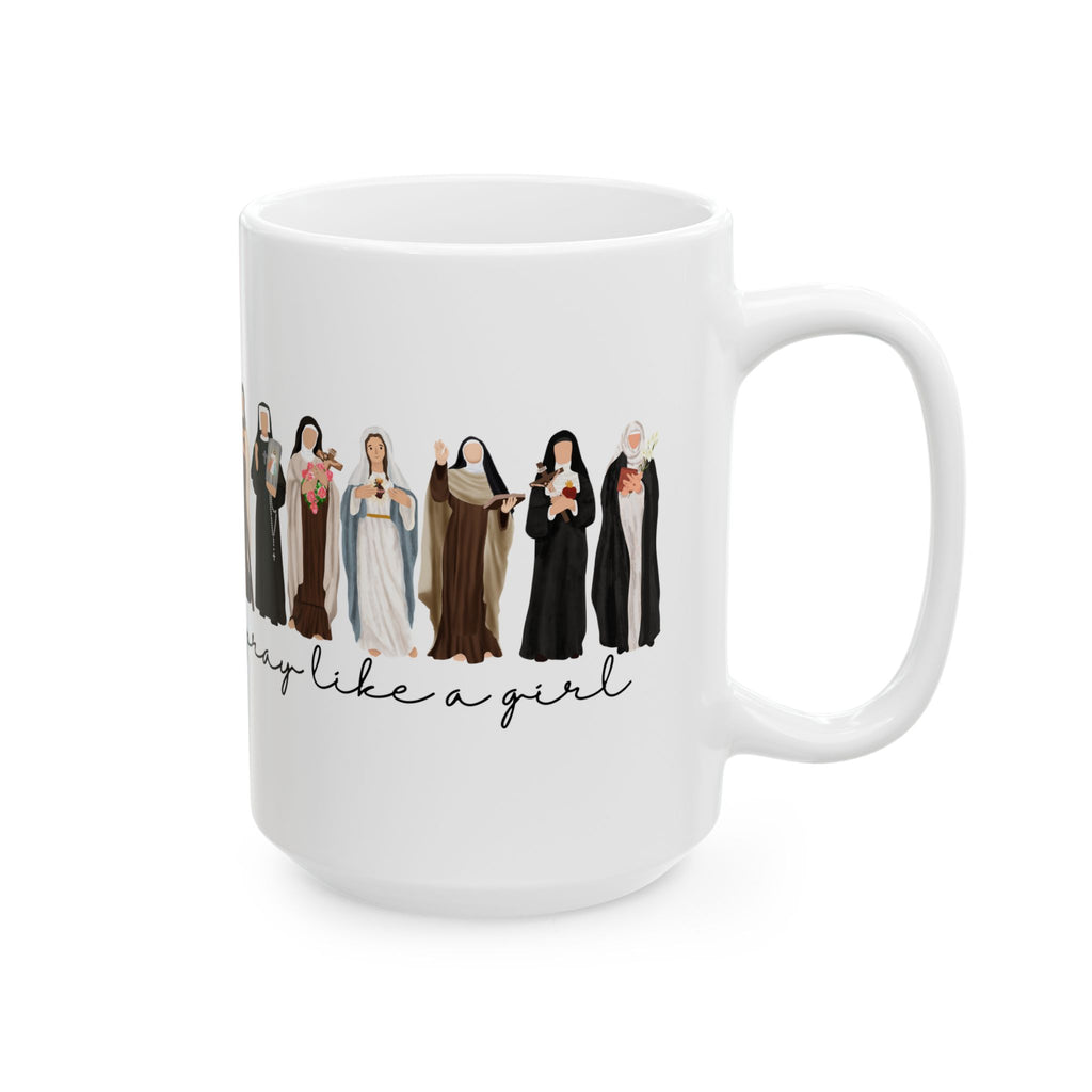 Catholic Saint Mug, Pray Like A Girl, Personalized Religious Gift for Women